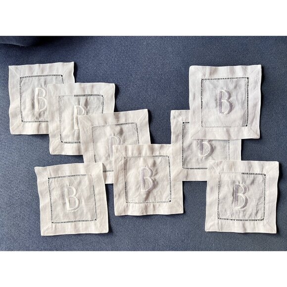 Set 8 Embroidered "B” Monogrammed White Cocktail Napkin Hemstitch Linen & Cotton - Picture 1 of 5